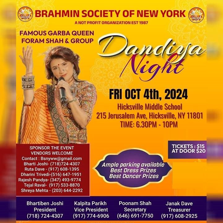 Celebrate Navaratri Dandiya Night with Garba Queen Foram Shah – Hosted by Brahmin Society of New York!