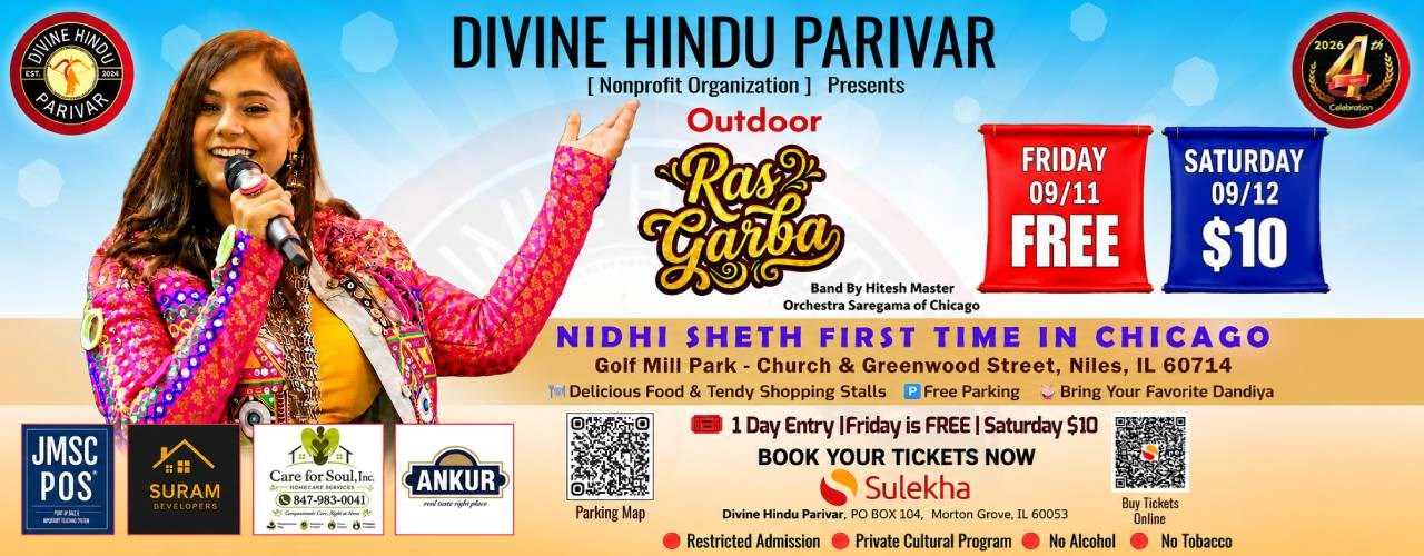 Nidhi Seth Live Outdoor Garba First Time in Chicago by Divine Hindu Parivar Sept 11th, 2026
