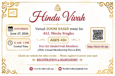 HINDU VIVAH | ZOOM EVENT, JUNE 27, 40+ AGES, FOR ALL IMMIGRATION HINDU SINGLES in ZOOM,
