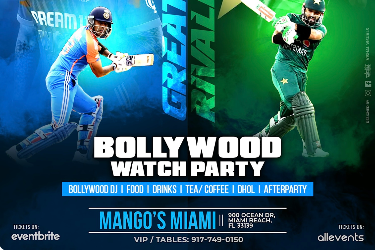 MIAMI BOLLYWOOD CRICKET WATCH PARTY ON BIG SCREEN AT MANGO’S in Miami Beach, FL