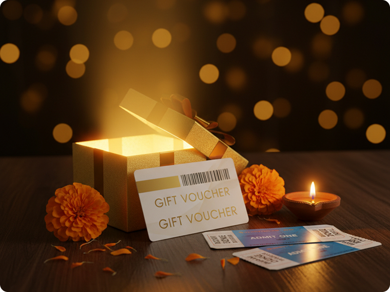 A gift card tied with a ribbon, next to gift bags, representing the vouchers on offer