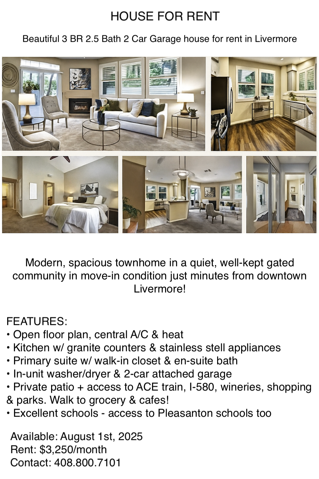 Beautiful 3 BR 2.5 Bath 2 Car Garage House For Rent In Livermore