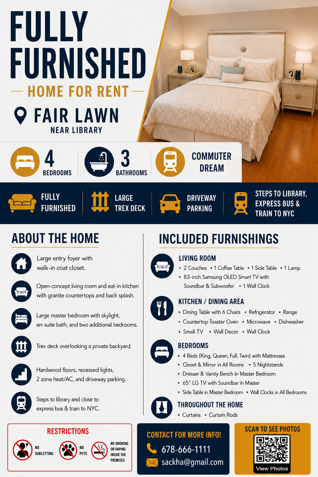 Fully Furnished 4BR / 3BA Home For Rent In Fair Lawn – Near Library