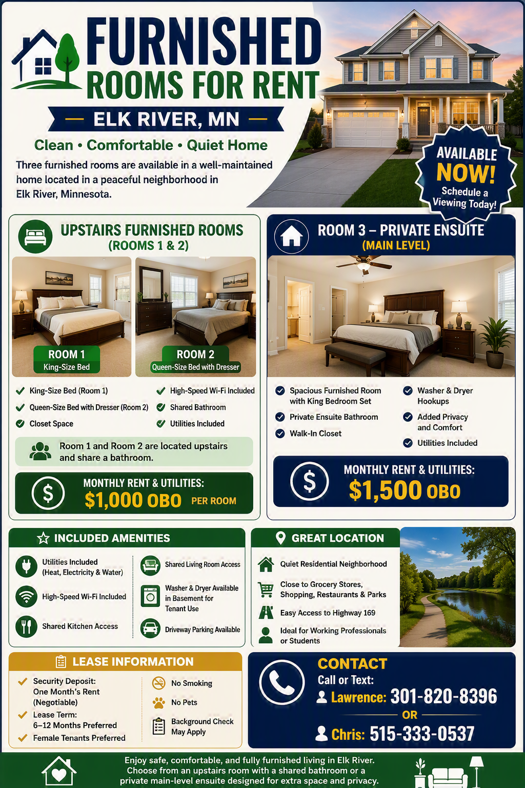 FURNISHED ROOMS FOR RENT – ELK RIVER, MN