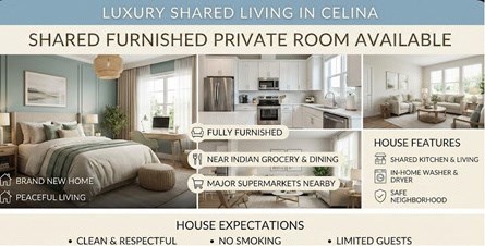 Furnished Private Room Available - Celina Near To Indian/Grocery Restaurant And Major Super Markets, Etc.
