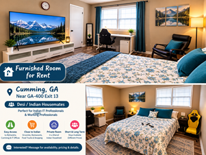 Furnished Room For Indian IT Professionals(Morgan Stanley/Fiserve/ATT/Verizon) – Cumming, GA | Exit 13 | Desi Housemates